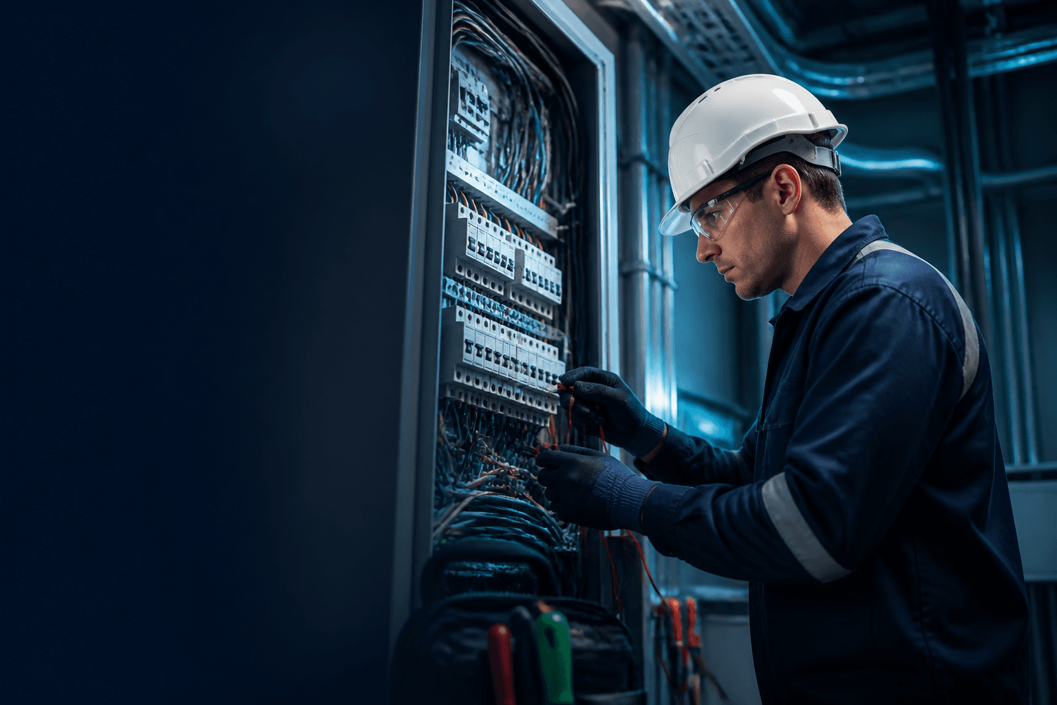 Electrician working carefully at a commercial electrical panel